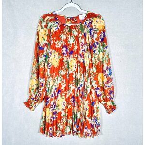 Sezane Dress Womens 36 Red Floral Accordion Pleat Mini
